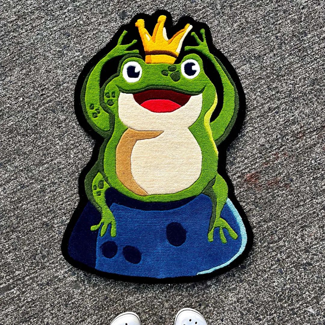 Royal Inked Rug Colorful tufted rug showcasing a happy crowned frog – Royal Hopper handmade designer rug