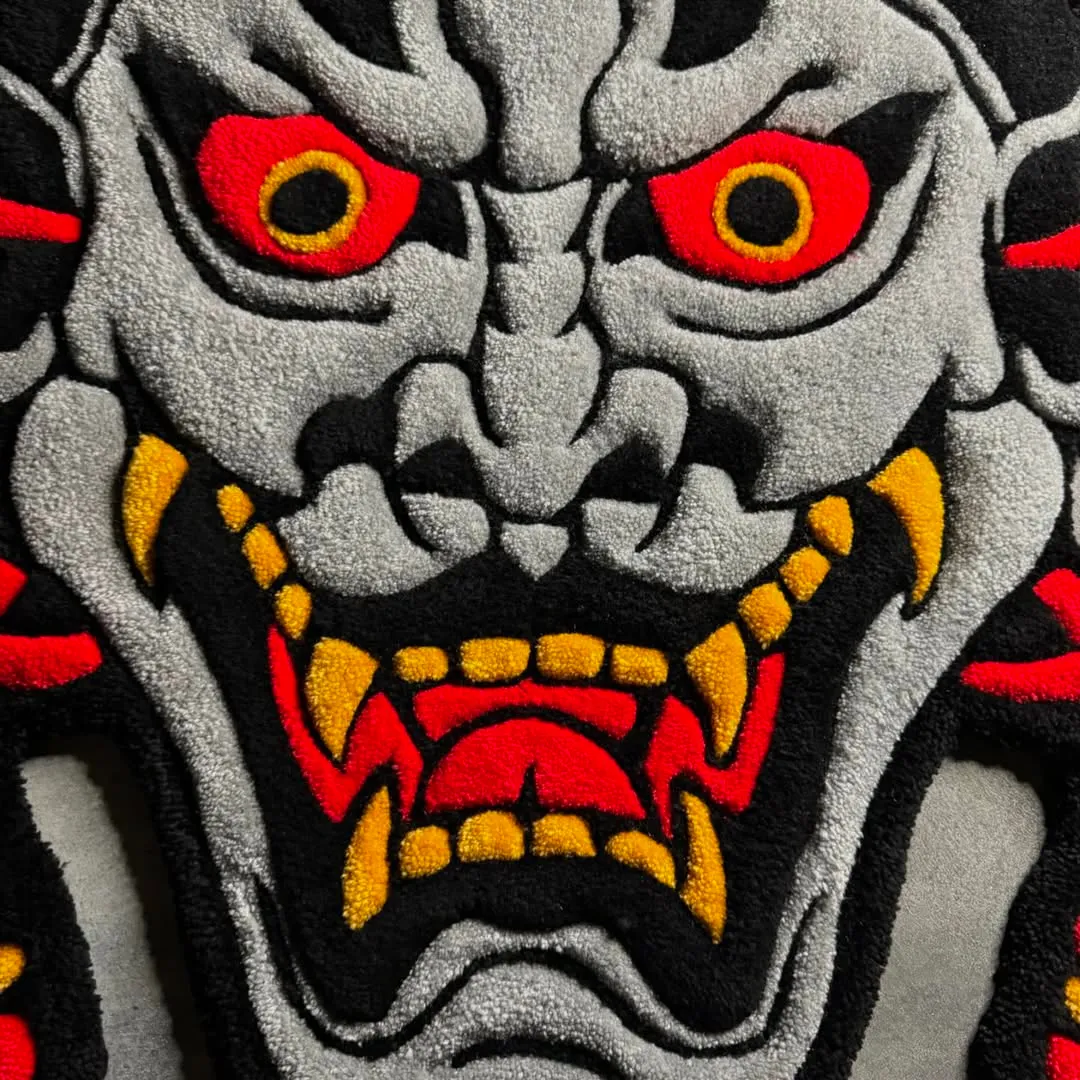 Shadow Rug Hand-tufted Shadow Oni Rug inspired by Japanese mask art with fierce red and yellow detailing
