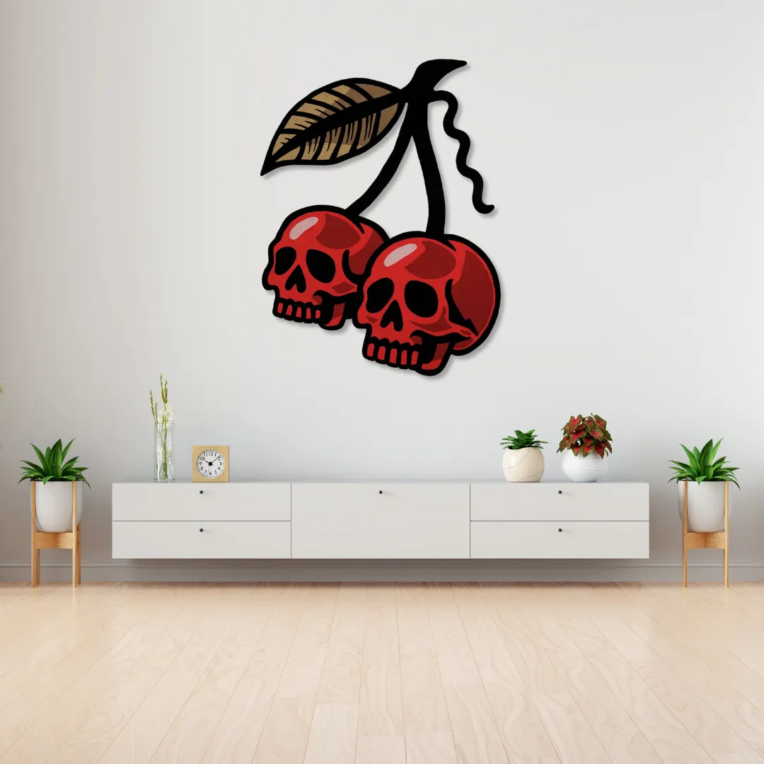 Skull Cherries Metal Wall Art Red cherry skull metal wall art for modern living rooms – bold handmade statement piece by Sneagear.