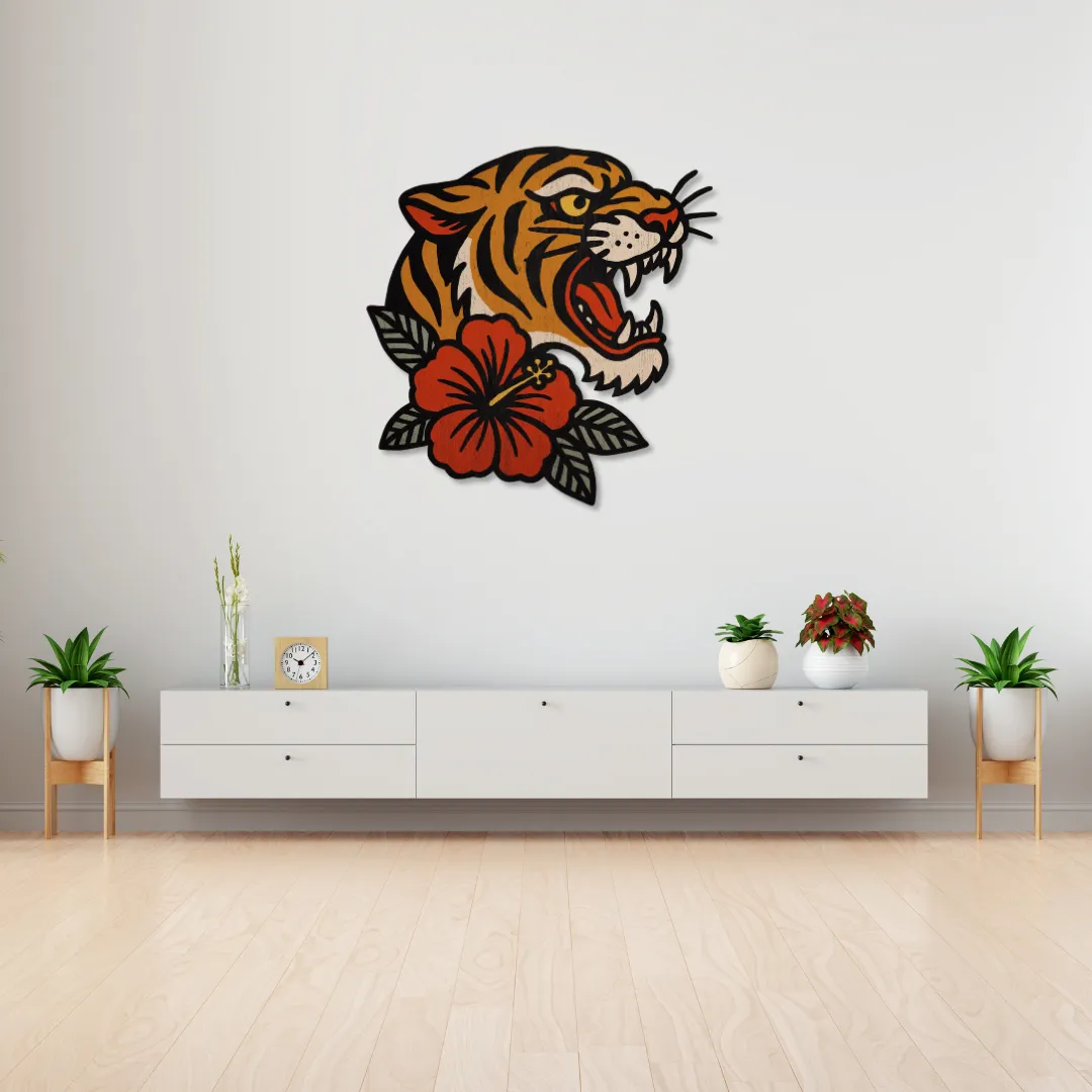 Tiger Hibiscus Art Sneagear Tiger Hibiscus metal wall art adding character and color to minimalist living room décor.