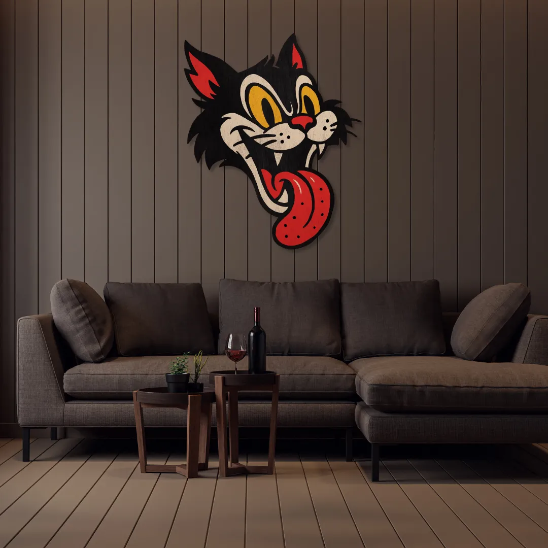 Wild Cat Metal Art Cartoon-inspired wild cat metal wall décor adding artistic character to minimalist living room design.