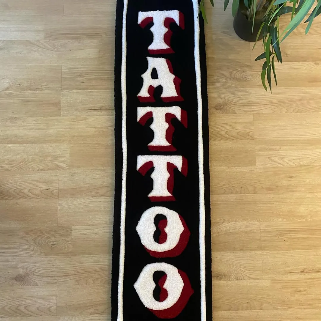 Classic Rug Tattoo-style rug with vintage typography in red, white, and black – Classic Script Rug