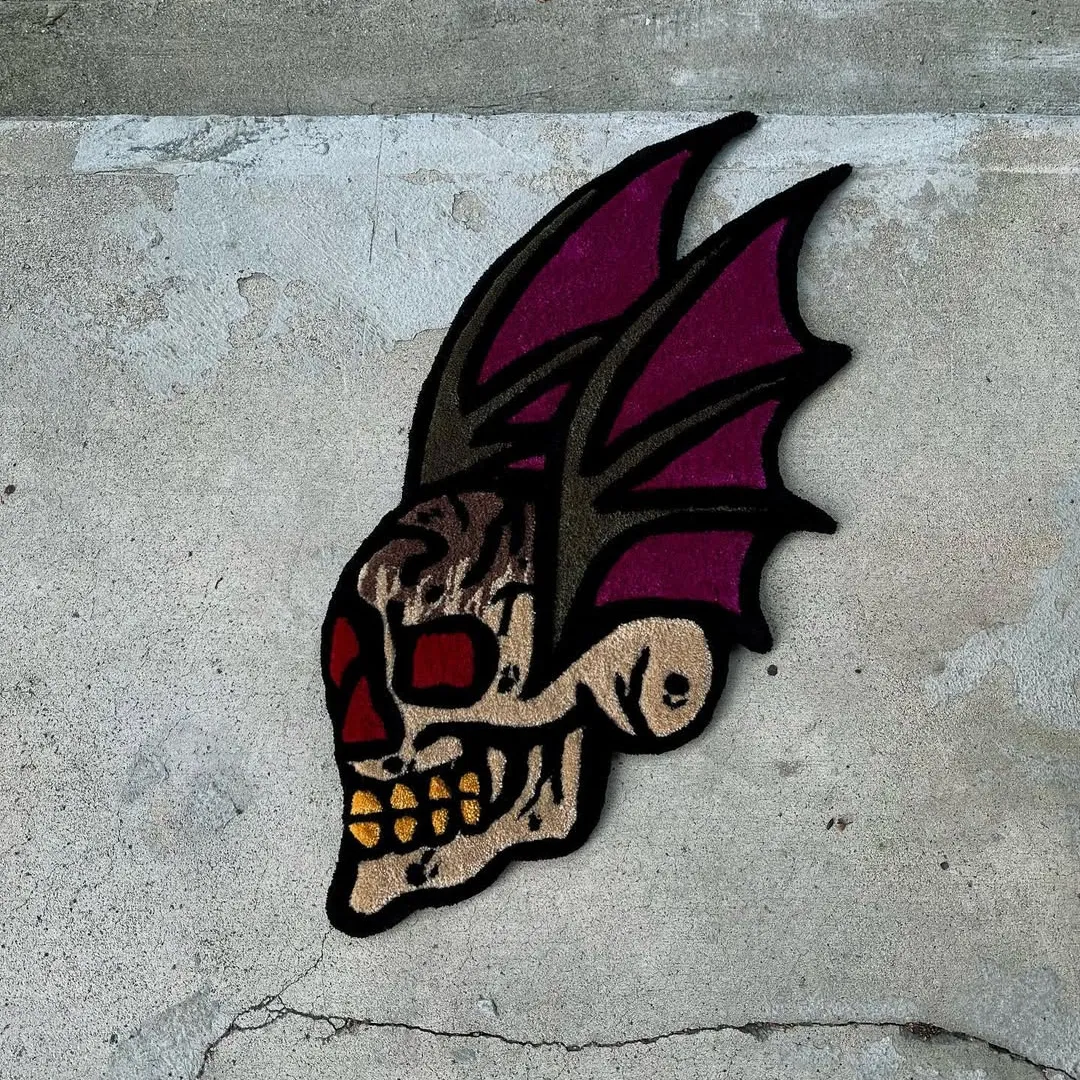 Crimson Mirage Rug Crimson Mirage Rug featuring skull with bat wings – gothic tattoo-inspired rug by Sneagear