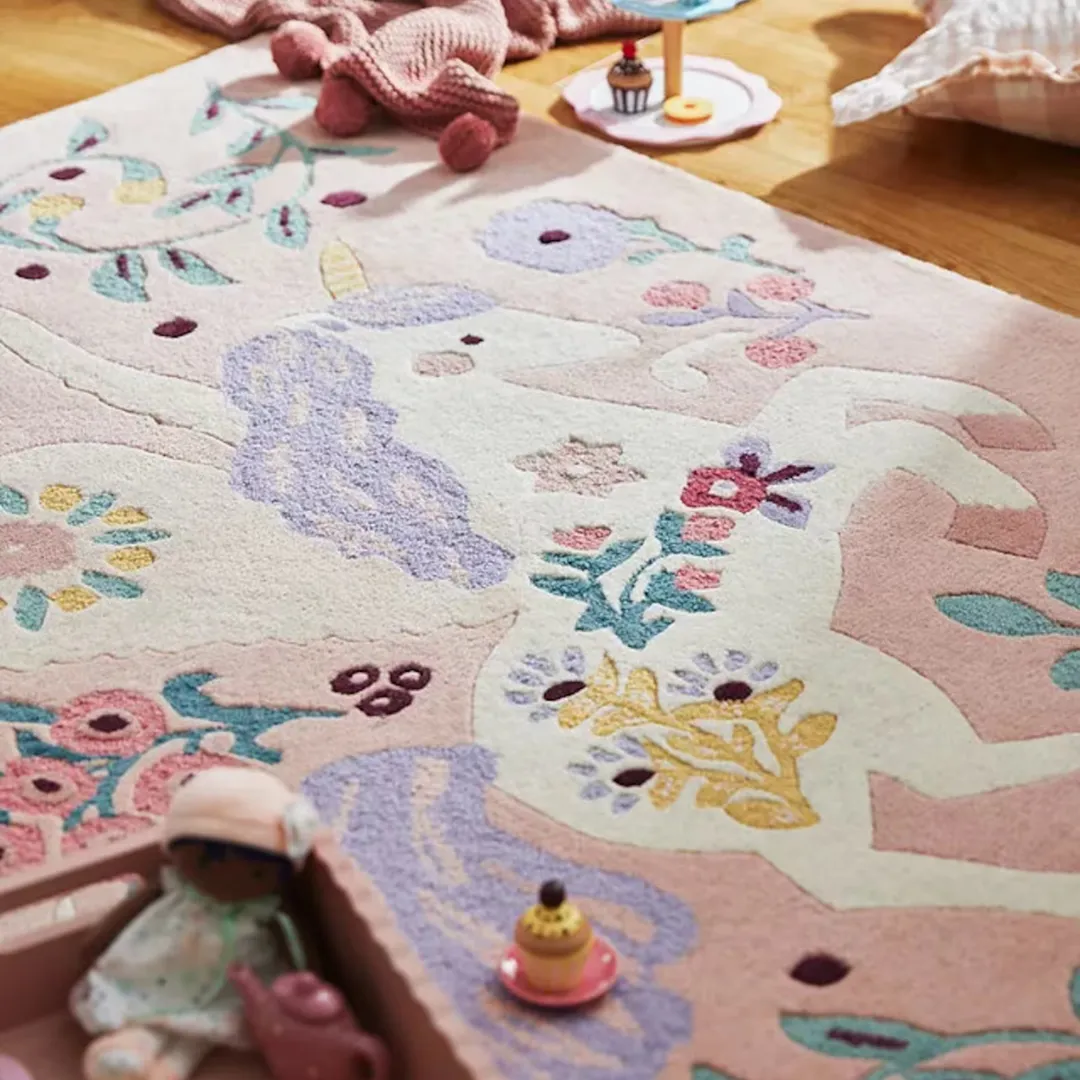 Dreamy Unicorn Area Rug Hand-tufted Dreamy Unicorn Rug for children’s rooms – floral and fantasy-themed wool rug