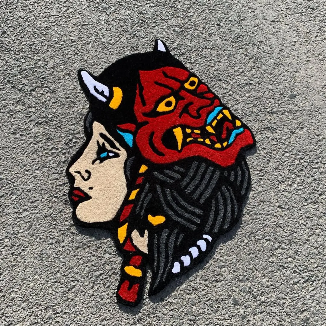 Dual Spirit Inked Rug Tattoo art rug showing woman with red demon mask – Dual Spirit Hand-Tufted Rug