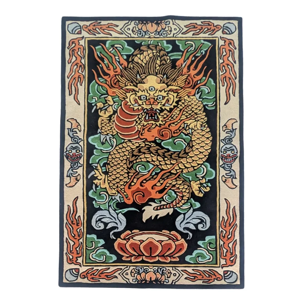 fireborne spirit tibetan dragon black wool rug Top down view of the Fireborne Spirit rug featuring a fierce golden dragon with flaming red accents on a black background, enclosed by an intricate border of stylized fire and cloud motifs.