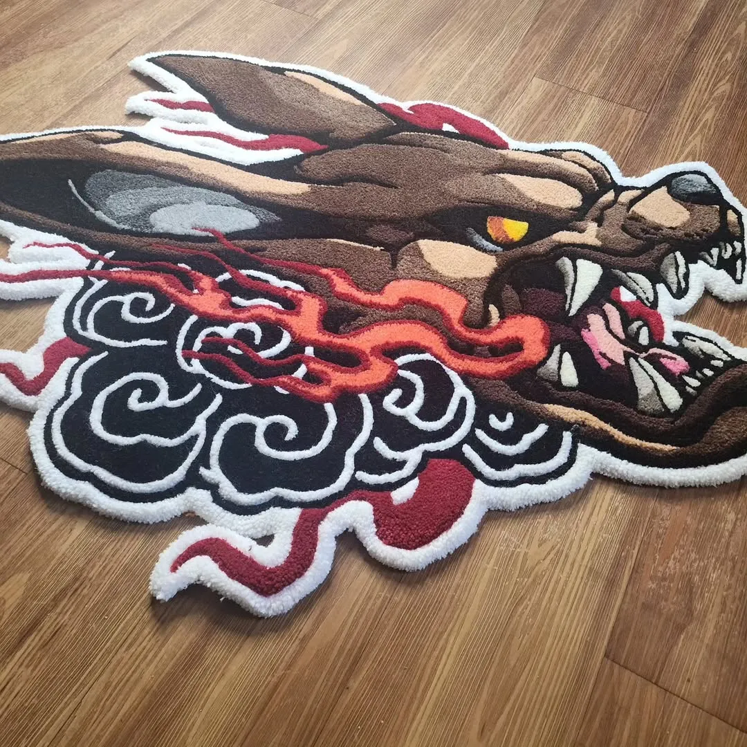 Inferno Fang Inked Rug Tattoo-inspired rug with flaming wolf head illustration – Inferno Fang Rug