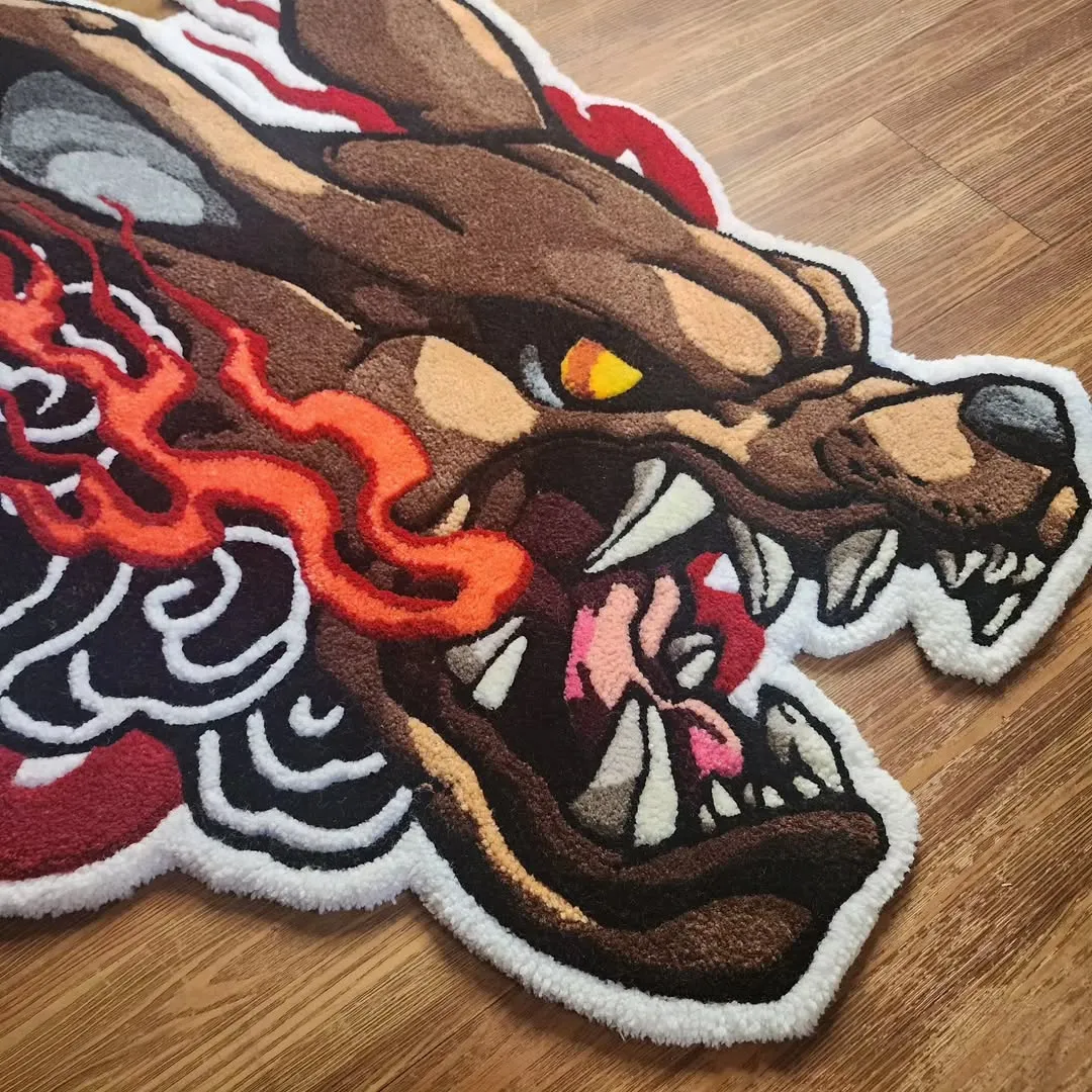 Inferno Rug Unique tattoo art rug with flaming wolf and smoke pattern – Inferno Fang Handmade Rug