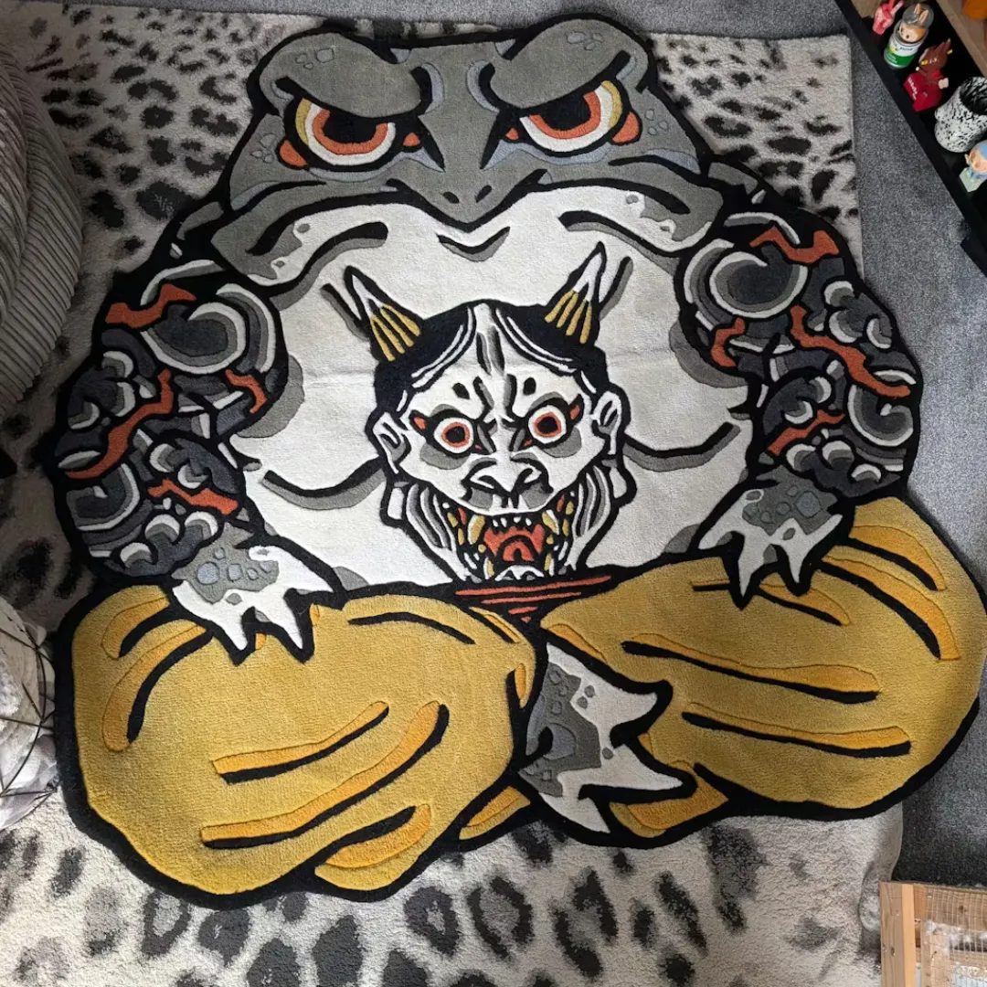 Kaeru Ronin Kaeru Ronin Rug styled in a modern room, featuring Japanese tattoo-inspired frog and oni mask illustration.
