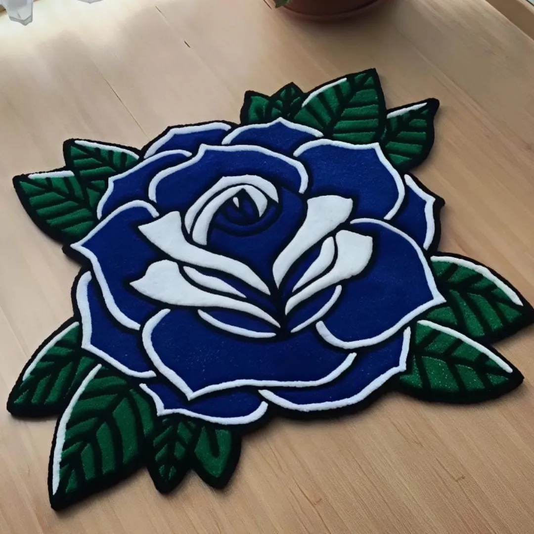 Luna Rose Rug Luna Rose Rug featuring a bold blue and white rose design – hand-tufted floral rug by Sneagear