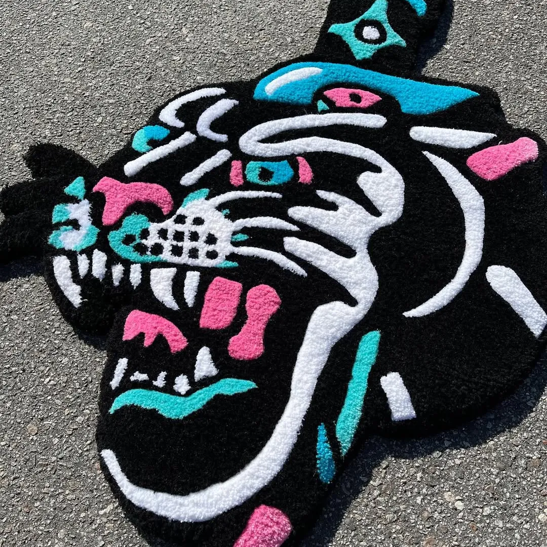Panthera Rug Tattoo art rug with black panther and bright teal-pink highlights – Noir Panthera Rug