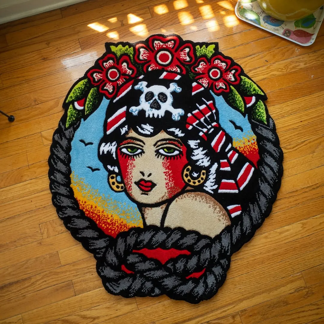 Rebel Tide Rug Rebel Tide Rug featuring traditional tattoo-style pirate woman design – hand-tufted wool rug by Sneagear