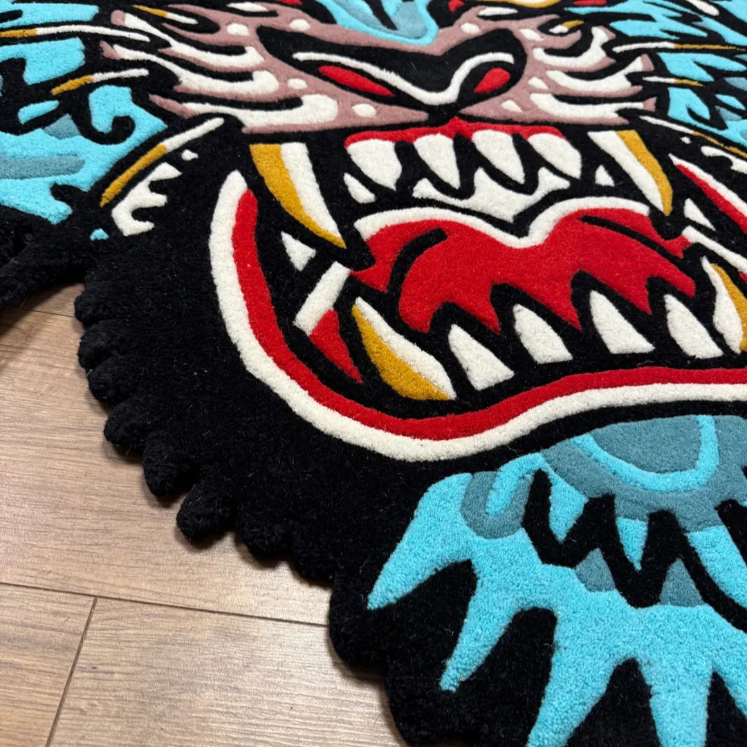 Rebellion Blue Inked Rug Blue tiger head rug with bold tattoo art and vibrant red, black, and gold details – Rebellion Rug
