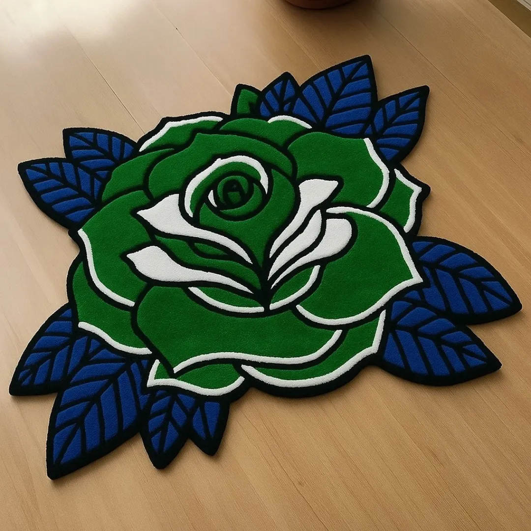 Sage Thorne Inked Rug Handmade Sage Thorne Rug with green rose petals and white highlights – artistic wool rug for modern interiors