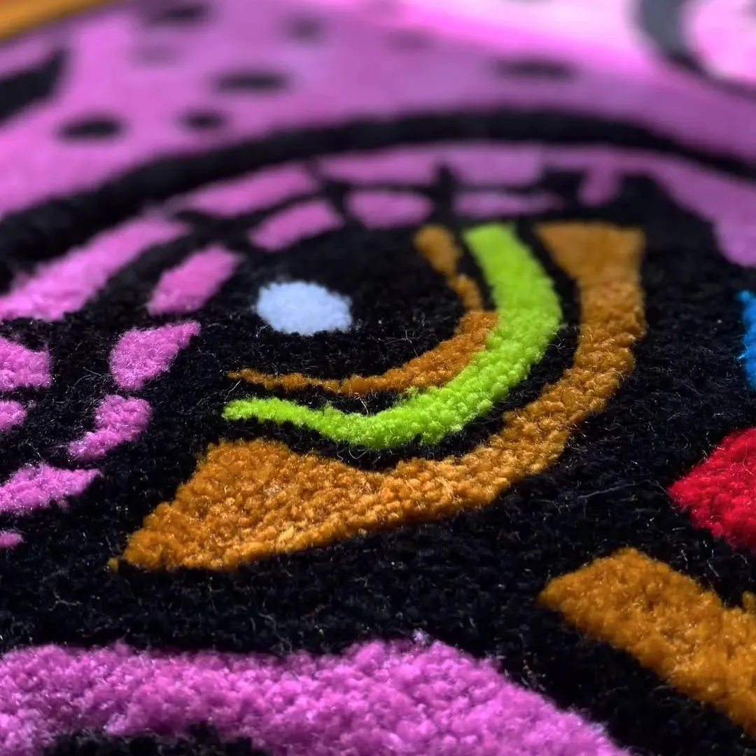 Silent Bloom Inked Rug Vibrant art rug with pink devil mask and colorful tear design – Silent Bloom Tattoo Rug