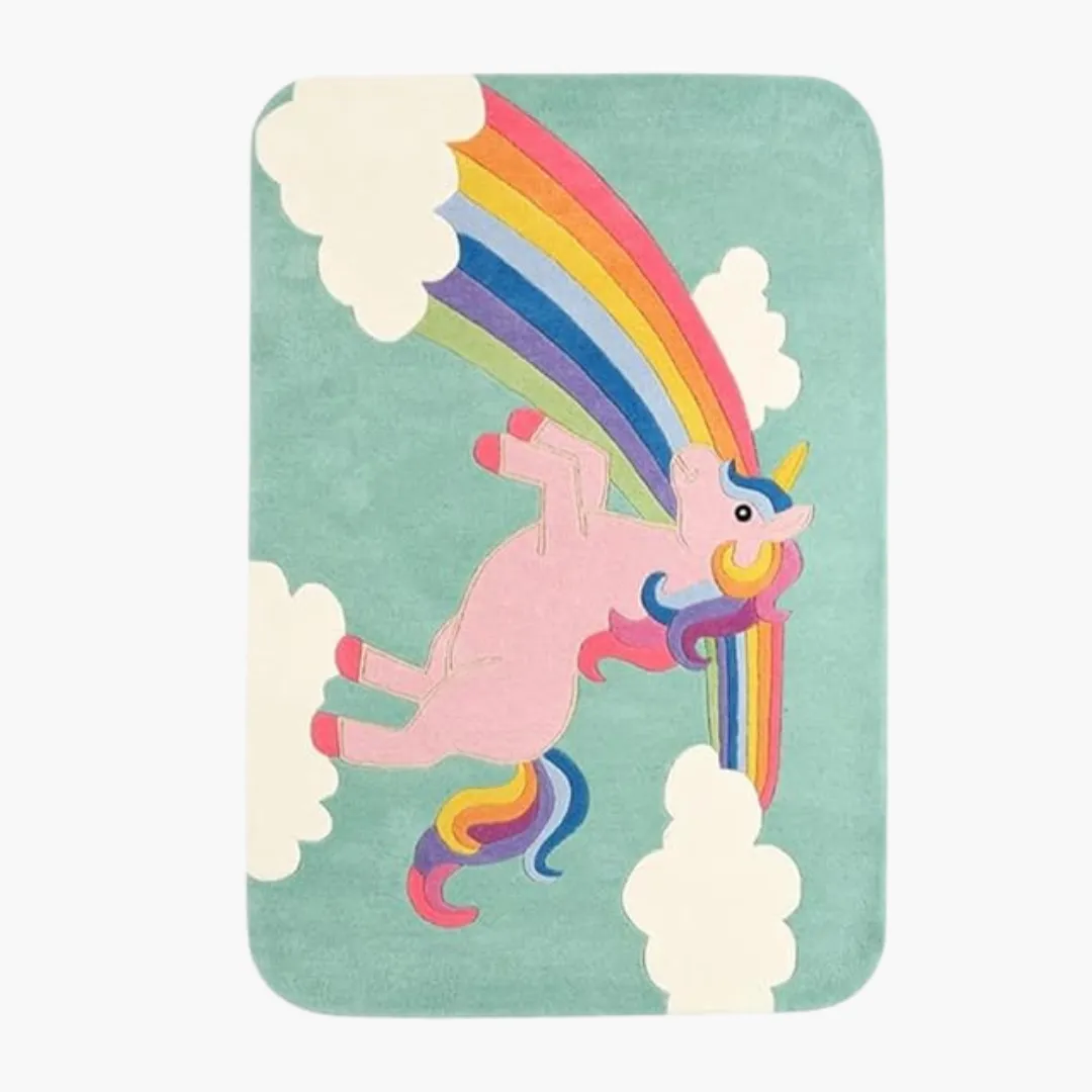 Skyfall Unicorn Rug Skyfall Unicorn Rug featuring a pink unicorn and rainbow design – hand-tufted wool kids’ rug by Sneagear