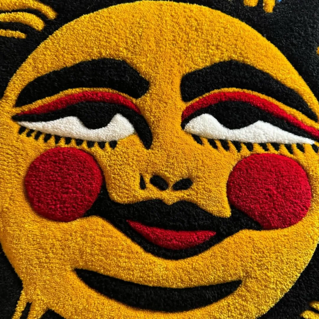Smile Rug Sun face rug with vintage tattoo art design in bright yellow – Solar Smile Handmade Rug