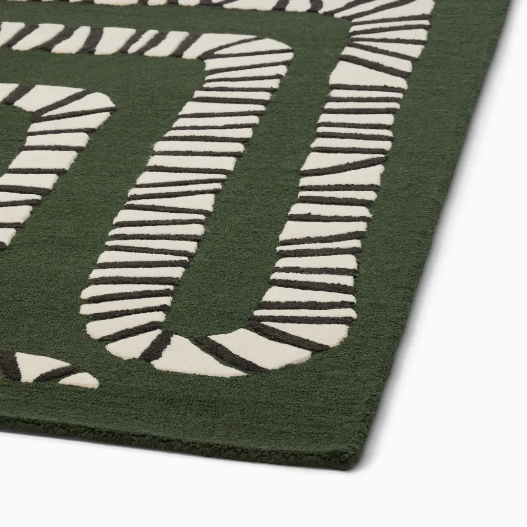 Snake Rug Whimsical snake rug in green and cream tones – Ziggy Snake Path hand-tufted design