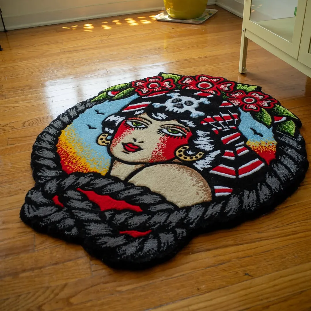 Tide Rug Colorful tattoo-style area rug with skull and rope design – Rebel Tide Handmade Rug