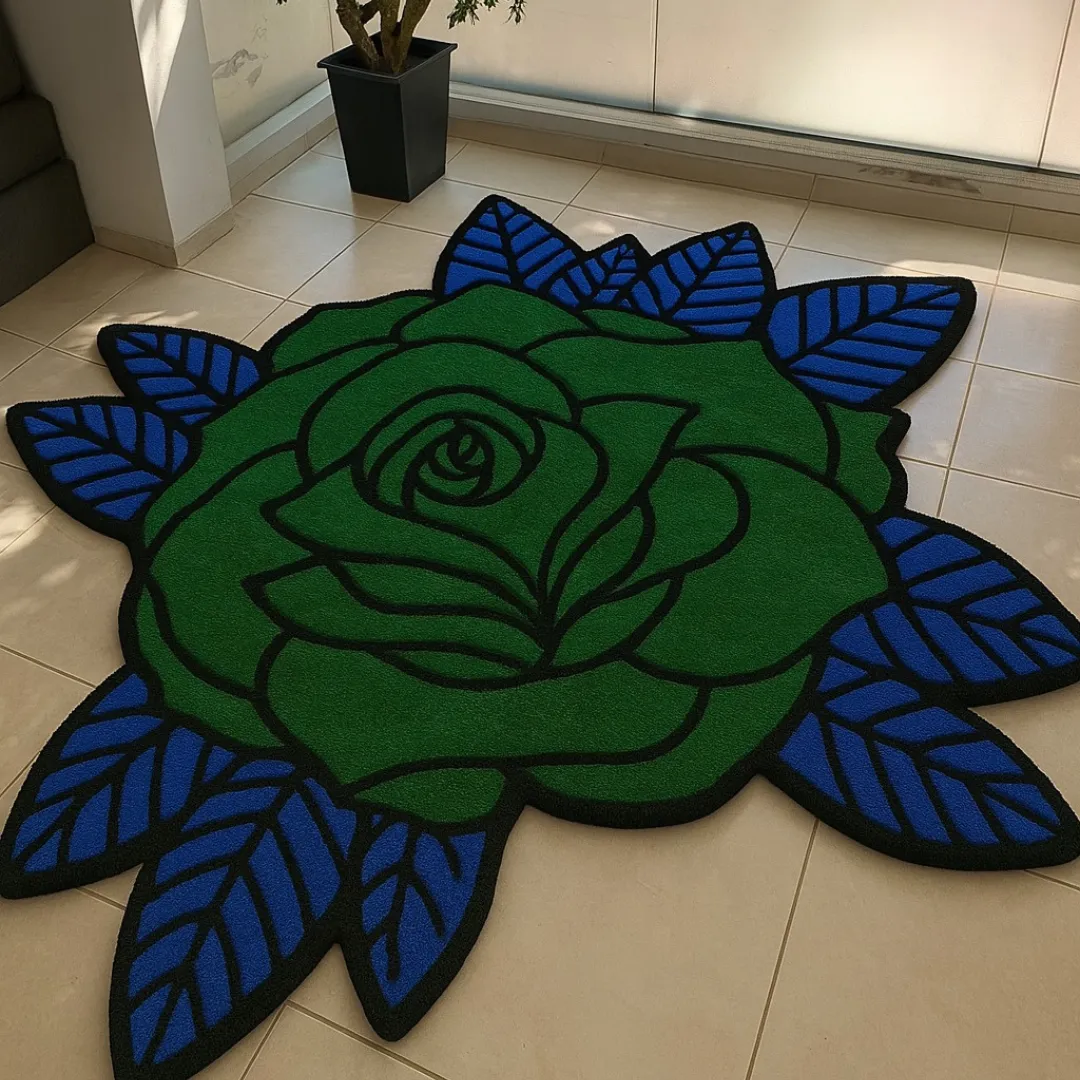 Verdant Thorne Rug Verdant Thorne Rug featuring a bold green rose with deep blue leaves – hand-tufted floral rug by Sneagear