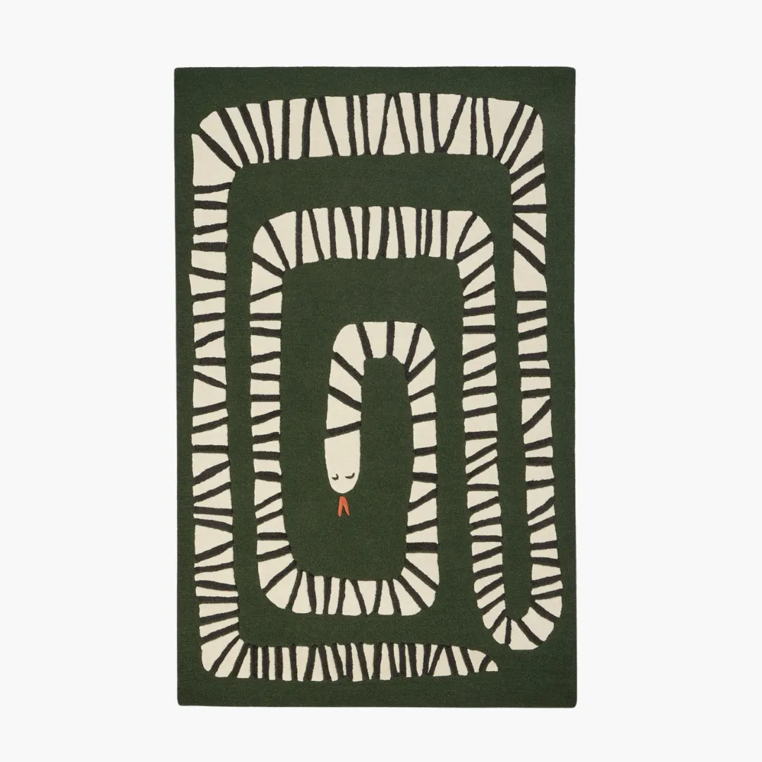 Ziggy Snake Path Rug Ziggy Snake Path Rug featuring a playful white snake design on a dark green background – hand-tufted wool rug by Sneagear
