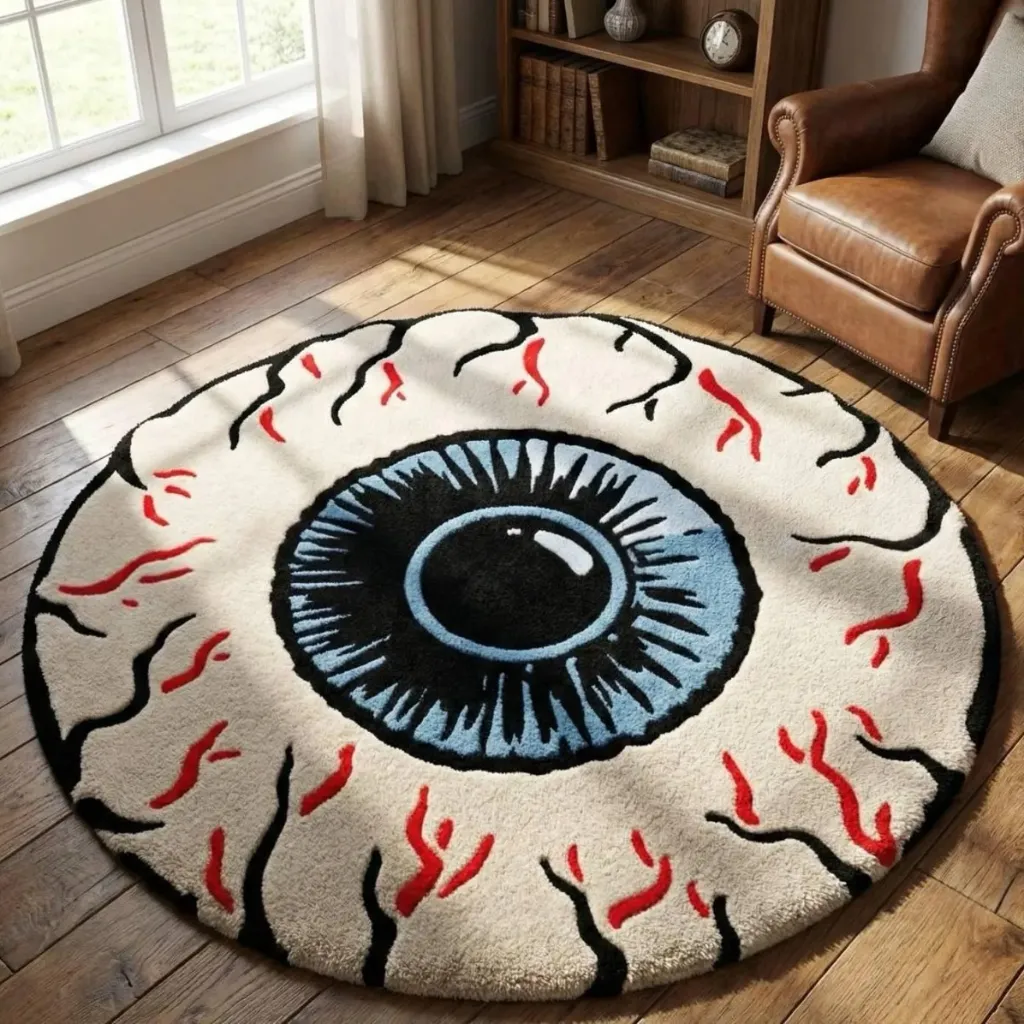 Blood Eye Round Giant Eyeball Rug Room Decor High angle view of the round Blood Eye rug featuring a realistic giant eyeball design with red veins, displayed in a living room with wooden floors.
