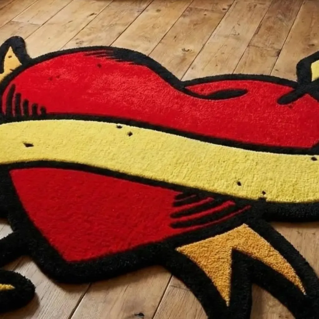 Classic Tattoo Heart Rug Custom Shape Design Detailed view of the custom shaped Wounded Heart rug highlighting the yellow banner and thick black tufted borders.