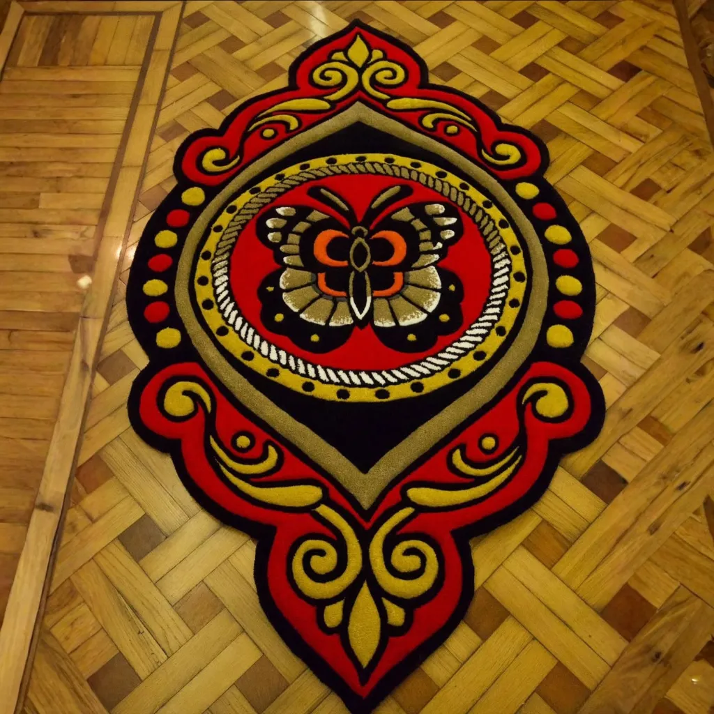 Ember Mane Traditional Tattoo Butterfly Rug Full View Top down view of the custom shaped Ember Mane rug featuring a traditional tattoo style butterfly design in vibrant red black and gold.