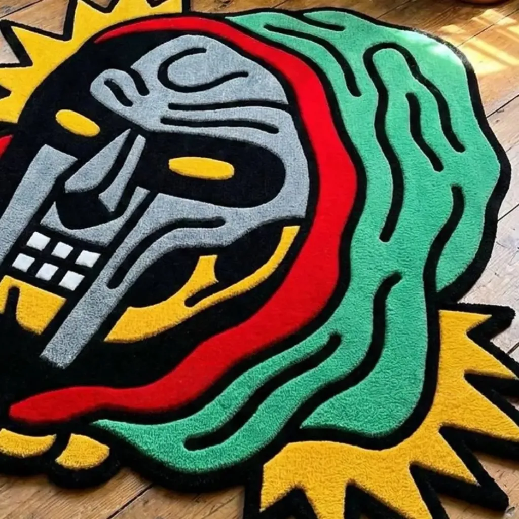 Graffiti Deity Street Art Inspired Rug Floor Decor Detailed perspective of the Graffiti Deity rug highlighting the artistic green hood and yellow spiked edges.