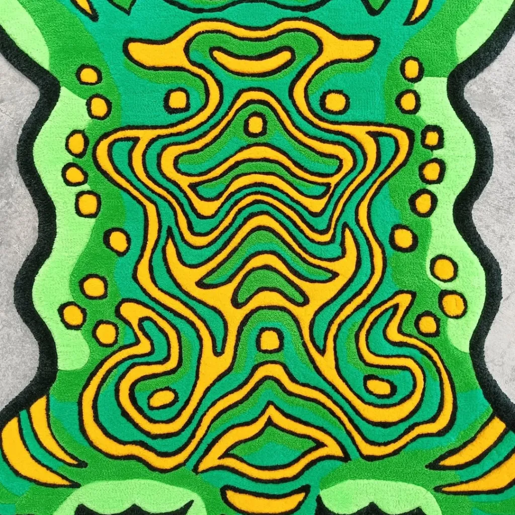Moss Claw Rug Psychedelic Green Yellow Pattern Detailed view of the Moss Claw rug showing the intricate psychedelic wavy lines in green yellow and black.