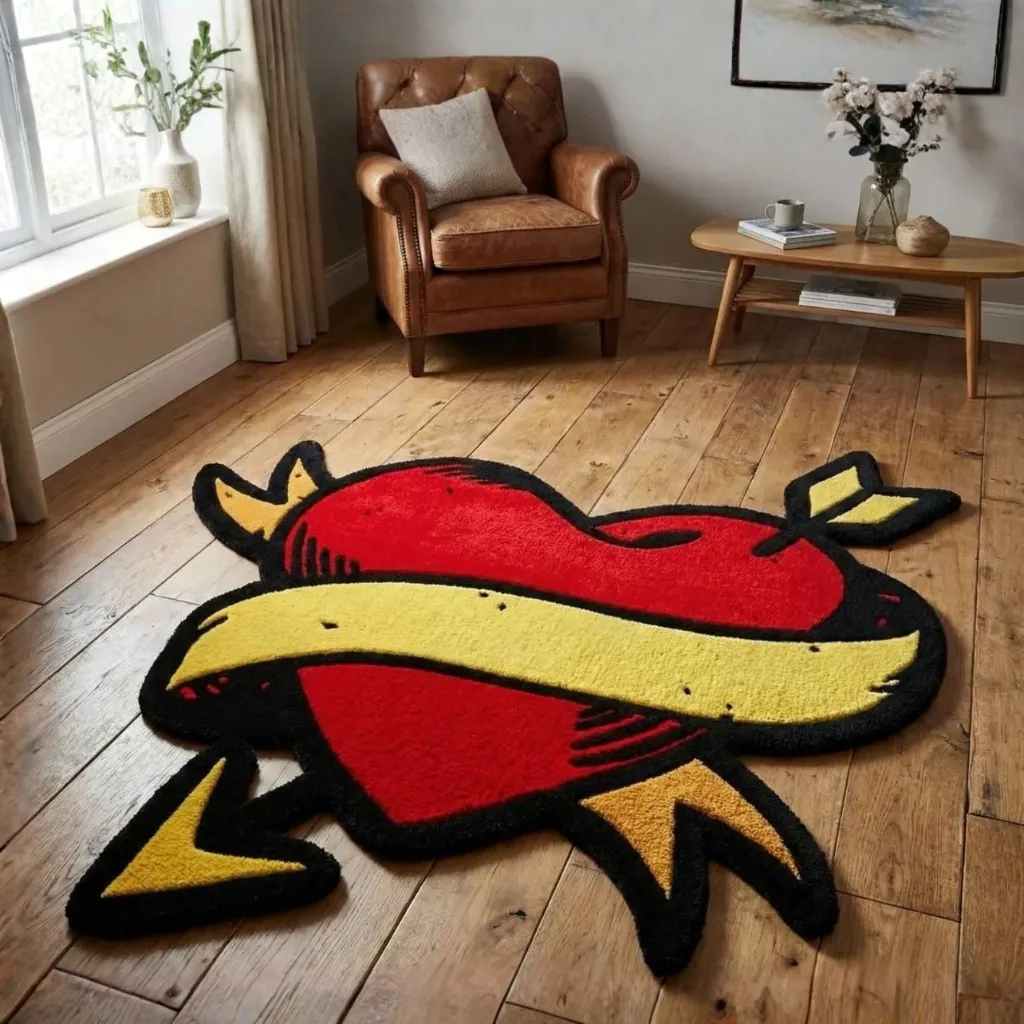 Wounded Heart Tattoo Style Rug Room Decor High angle view of the Wounded Heart rug featuring a classic tattoo design with a red heart, yellow banner, and arrow, displayed on a wooden floor.