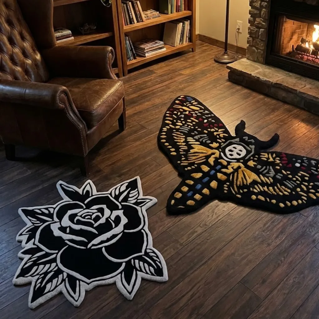 death head hawkmoth rug dark aesthetic home decor The Death Head Hawkmoth rug styled near a fireplace next to a black rose rug, showcasing its dark aesthetic appeal and intricate carpet carving details in a cozy setting.