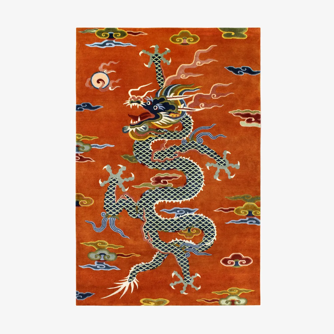 Ember Rise Rug Chinese Dragon Flat Lay Top down full view of the Ember Rise rug featuring a majestic blue Chinese dragon winding through clouds on a vibrant orange wool background.