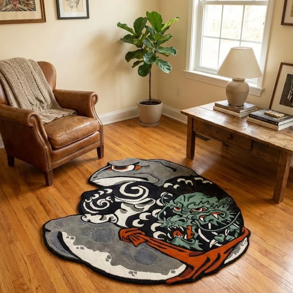 kaeru musashi japanese toad vs dragon rug living room High angle view of the Kaeru Musashi rug placed in a living room with wooden floors, featuring a dramatic Japanese Irezumi-style illustration of a grey warrior toad facing a green dragon.