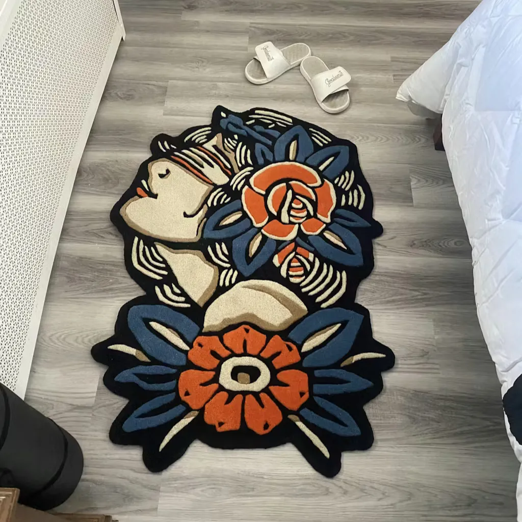 Lady Rose Flash Art Rug Bedroom Decor The Lady Rose Flash Art rug styled in a bedroom setting next to white slippers, showcasing how the vibrant vintage tattoo aesthetic adds character to the room.