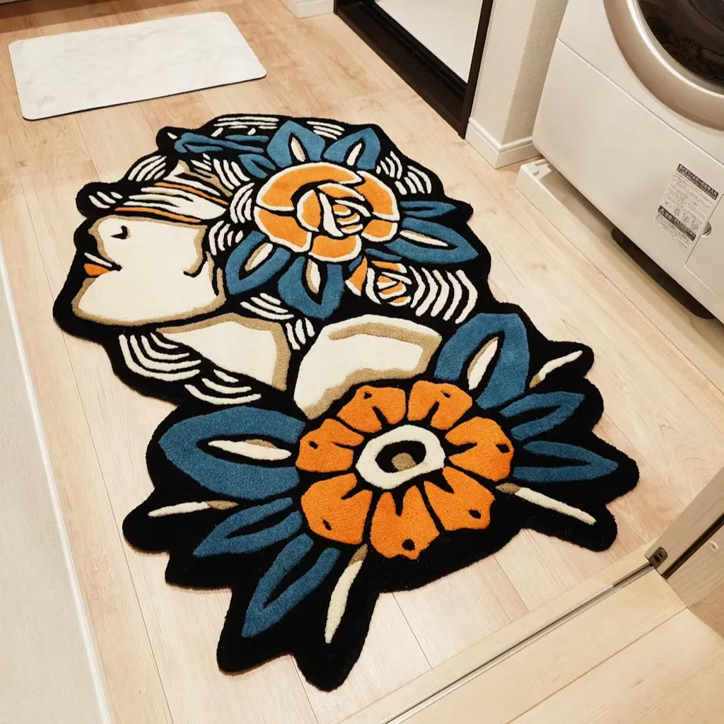 Old School Tattoo Style Flower Rug Angled perspective of the Lady Rose rug on a wooden floor, emphasizing the unique irregular border and the bold black outlines typical of old school flash art.