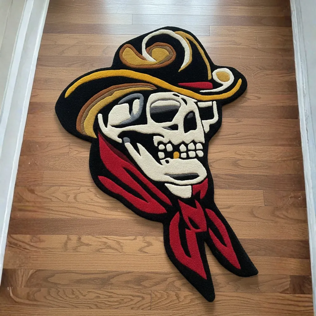 Skull Cowboy Traditional Tattoo Rug Flat Lay Top down view of the Skull Cowboy Traditional rug featuring a classic tattoo style skeleton head wearing a yellow hat and red bandana on a wooden floor.