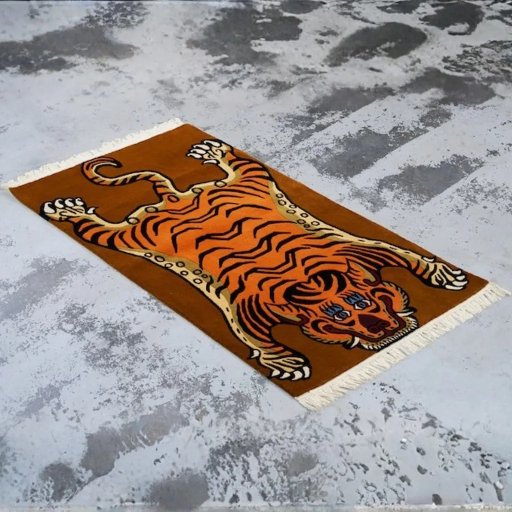 sunstripe roar hand tufted wool tiger rug design Angled view of the Sunstripe Roar rug, highlighting the dense hand-tufted wool texture and the classic black stripe pattern on a sunny yellow field.