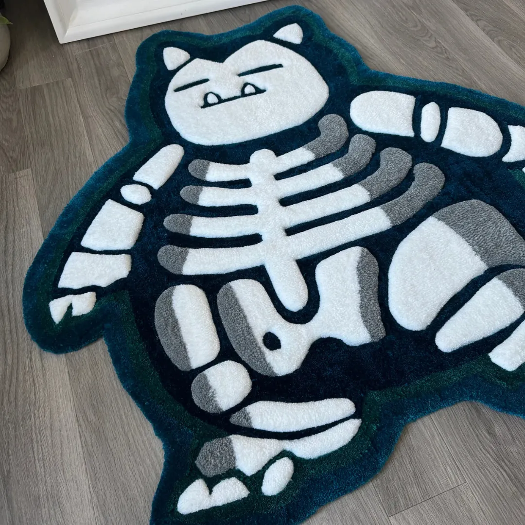 lazy lax gamer room decor rug Full view of the Lazy Lax skeleton rug placed on a wooden floor, showcasing its unique irregular shape perfect for anime-inspired gaming rooms.