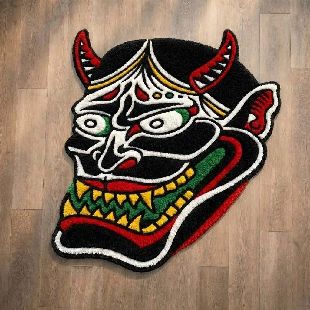savage spirit hanny inked hannya mask rug detail Close-up top down view of the Savage Spirit Hanny rug, featuring the fierce visage of a Japanese Hannya mask with sharp fangs, horns, and bold black tattoo-style shading.