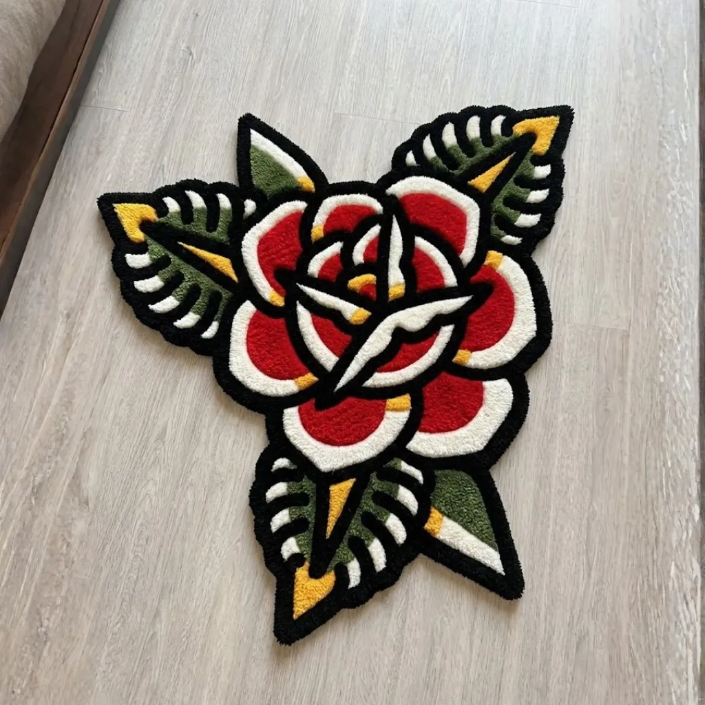 scarlet rose shaped tattoo rug wood floor High angle view of the full Scarlet Rose rug placed on a wooden floor, showcasing the custom die-cut shape of a traditional tattoo rose with vibrant red bloom and green leaves.