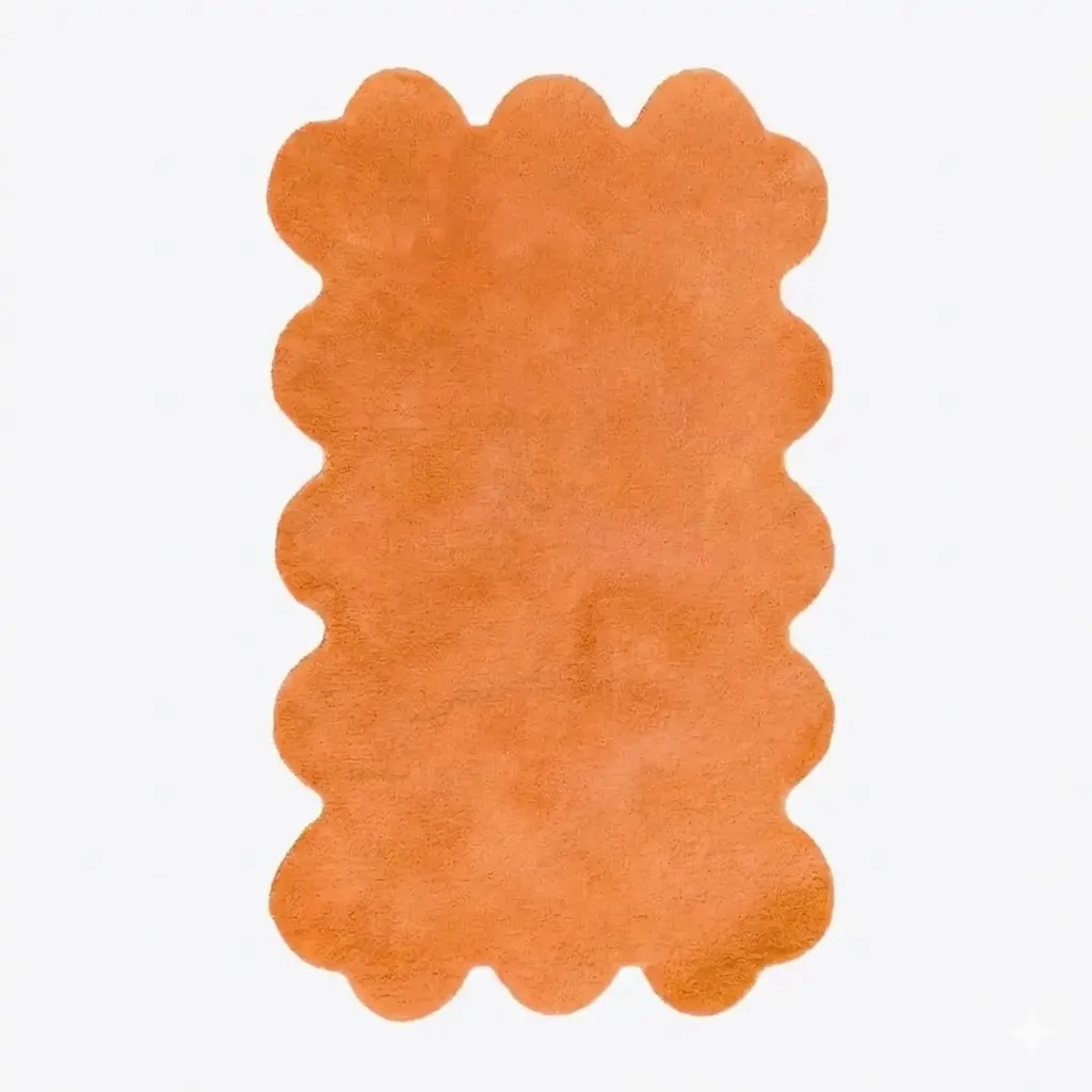 Top down view of the Scallop Solid Orange rug, featuring a vibrant monochrome pumpkin orange design with a plush hand-tufted wool pile and playful custom shaped scalloped edges.
