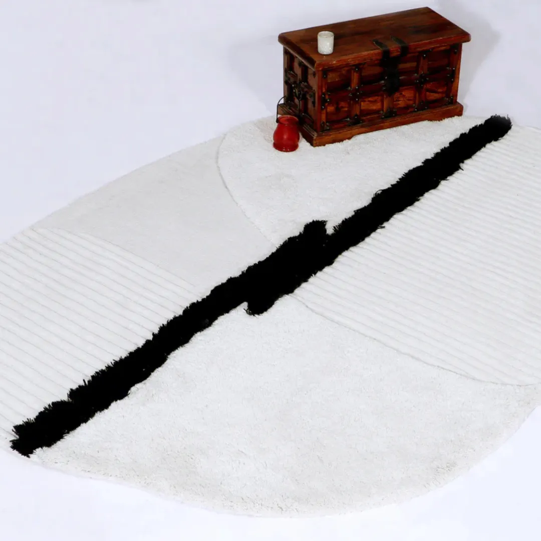 Abstract white and black custom-shaped rug with vertical stripe