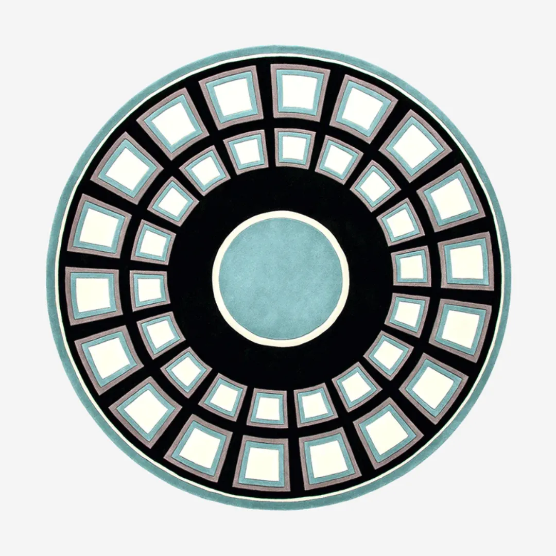 Round wool rug with blue and black grid pattern