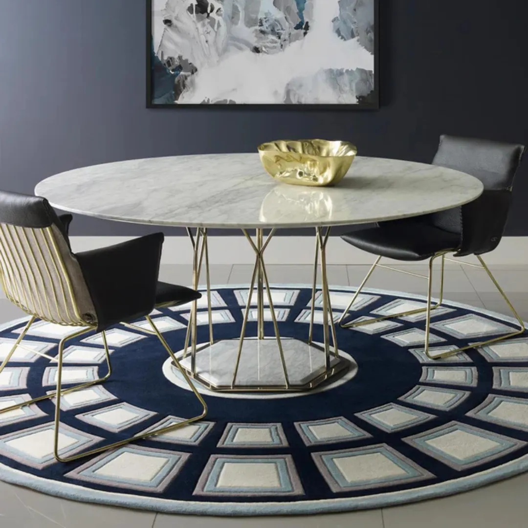 Modern round rug in blue, white, and black