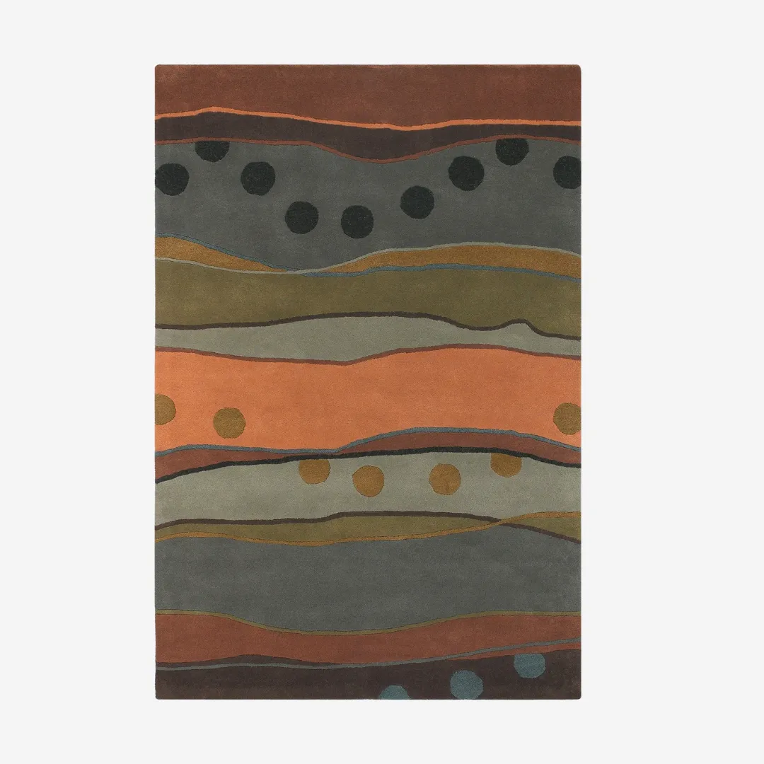 Rectangular wool rug with abstract design in earthy tones