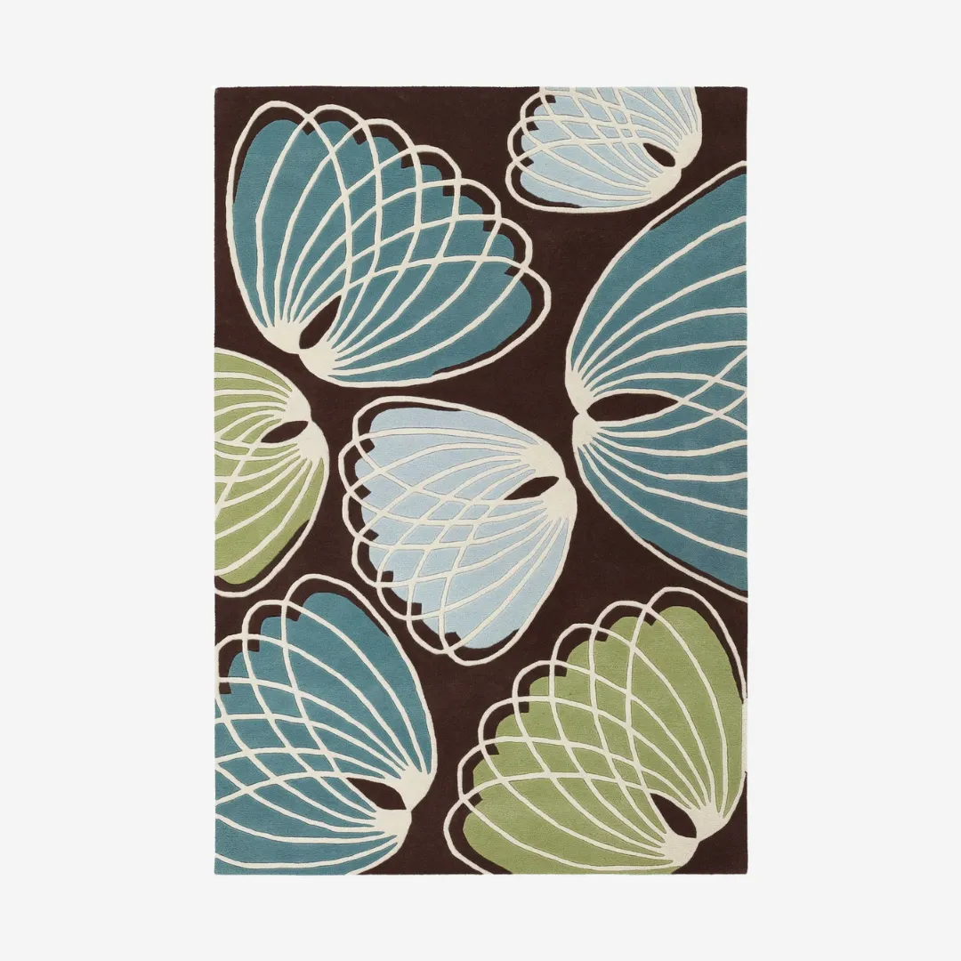 Rectangular wool rug with blue and green leaf design