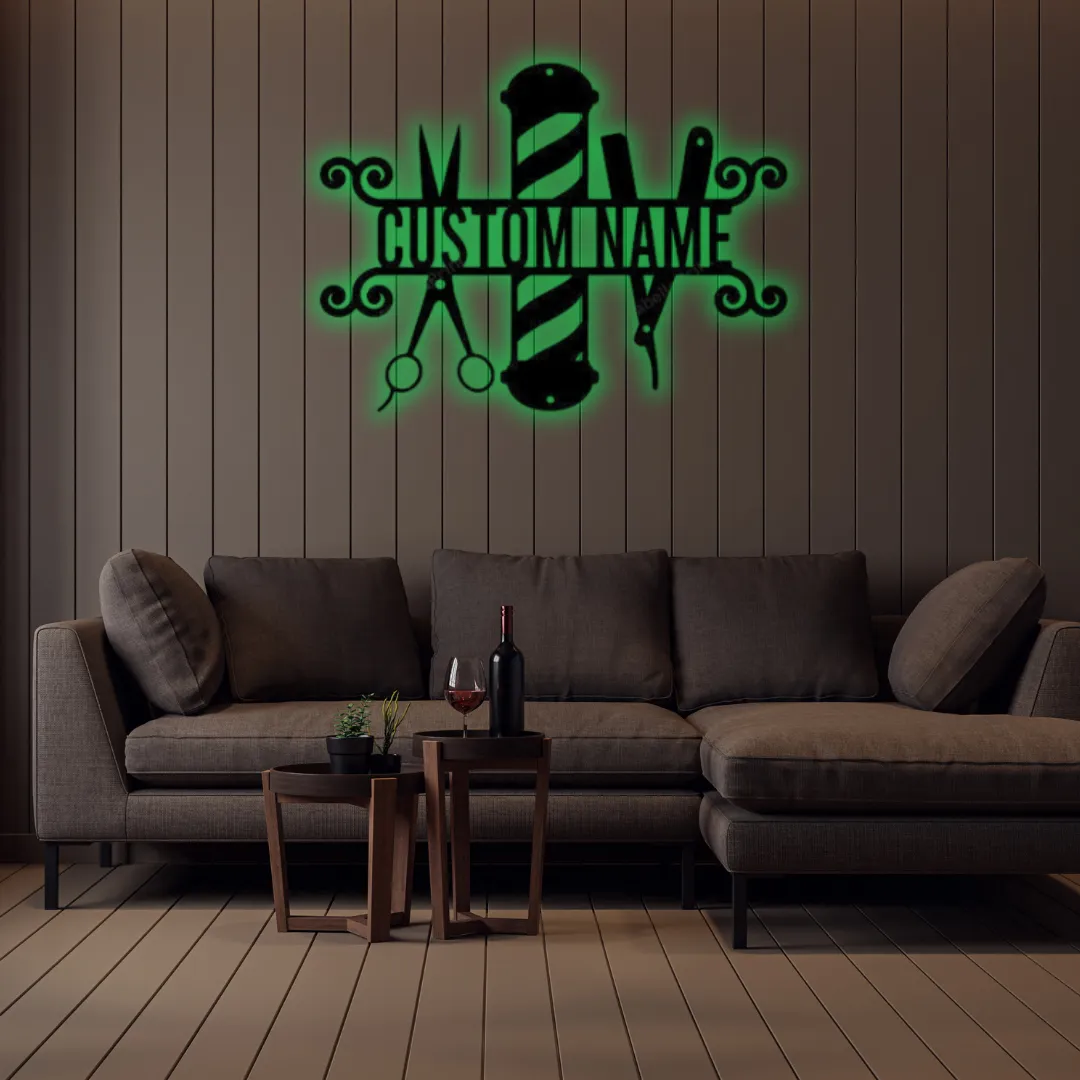 Green Custom Barber Shop Silhouette Barbershop name sign with scissors and razor design