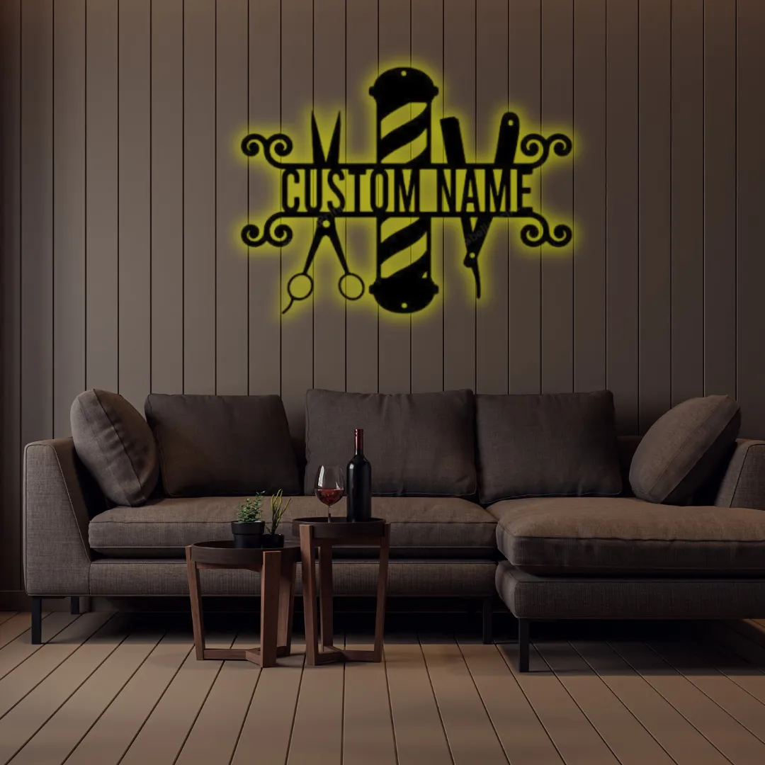 Yellow Custom Barber Shop Silhouette Yellow led metal barbershop wall art personalized
