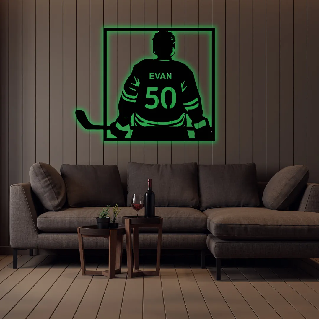 Green Hockey Jersey Back Custom Silhouette Custom hockey silhouette wall décor with name and number